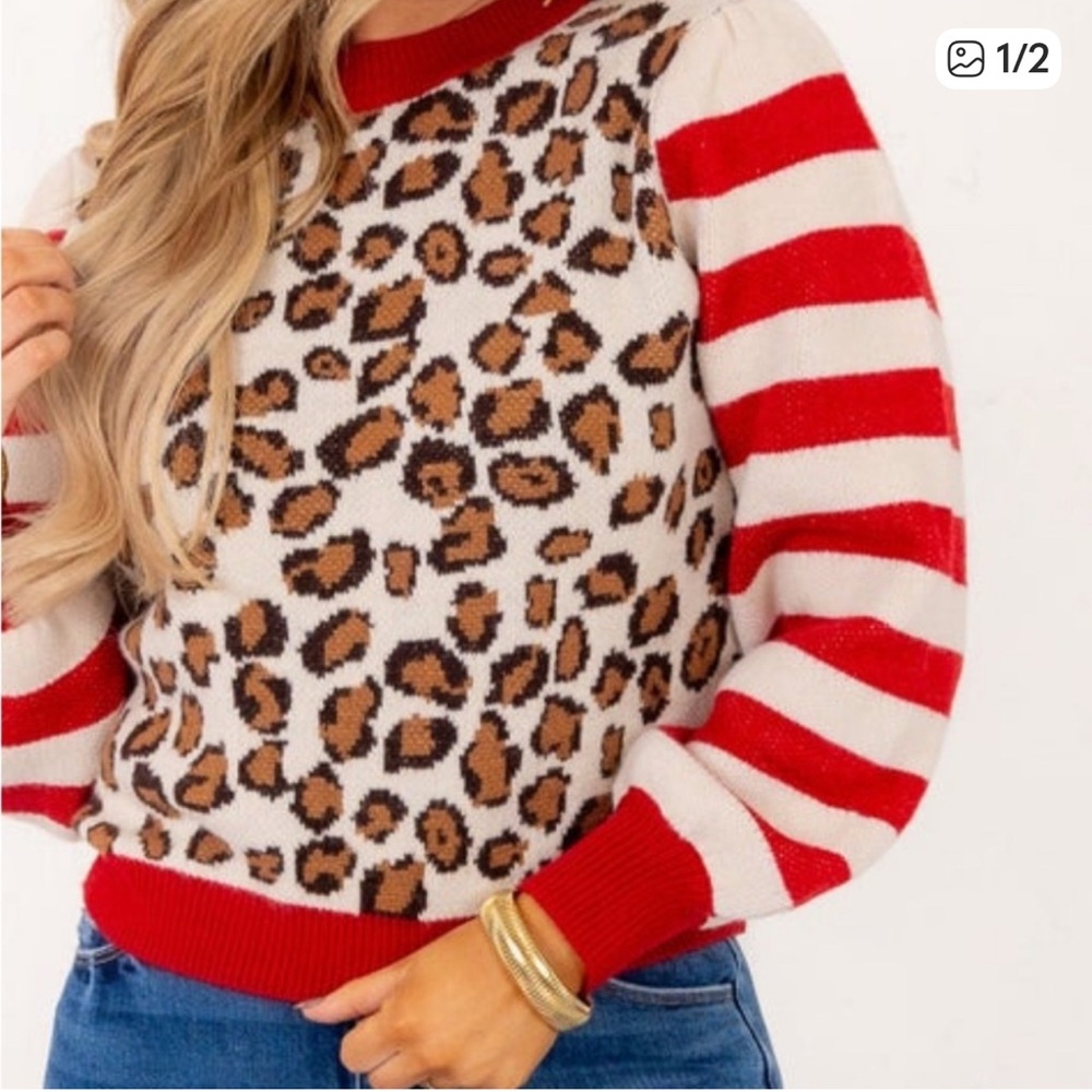 VOY Leopard Sweater with Striped Sleeves - Red & Cream - L